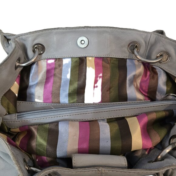 Tignanello Gray Leather Tote Bucket Bag With Striped Interior Double Handles - Picture 7 of 13